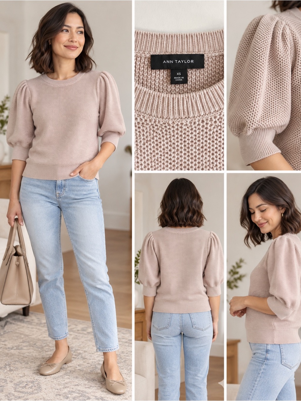 Ann Taylor Puff Sleeve Textured Knit Sweater XS Blush Beige Feminine